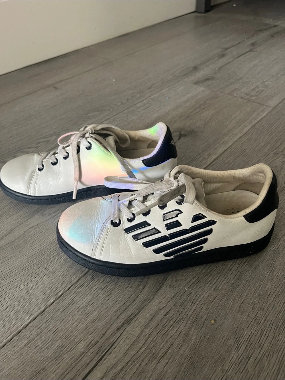 Boys Emporia Armani White and Navy Blue Kids Sneakers